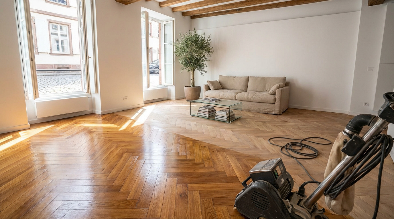 Séquence de grains pour le ponçage de parquet ancien à Mulhouse