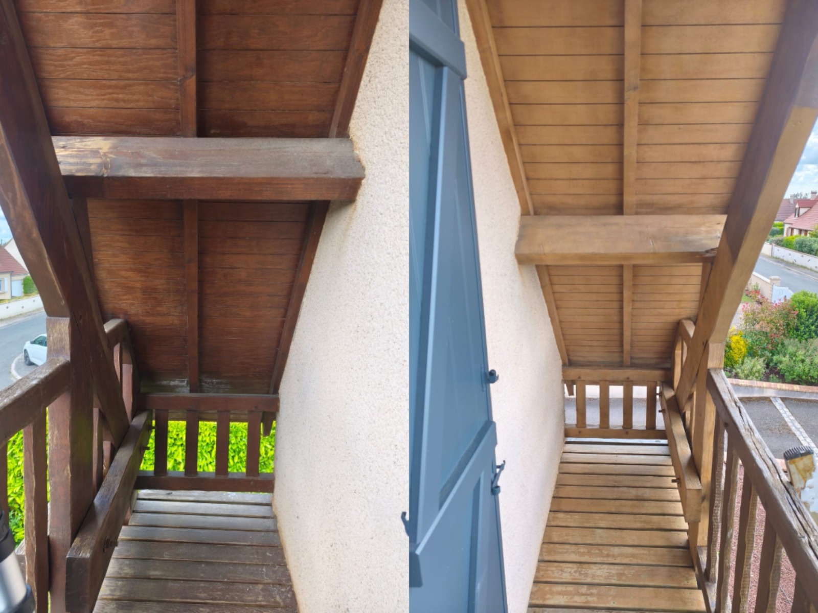 Avant / après — sablage laser balcon balustres et poutres charpente Alsace